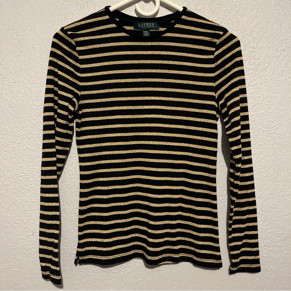 Lauren Ralph Lauren Metallic Gold Black Knit Top Blouse Size MP Long Sleeves
